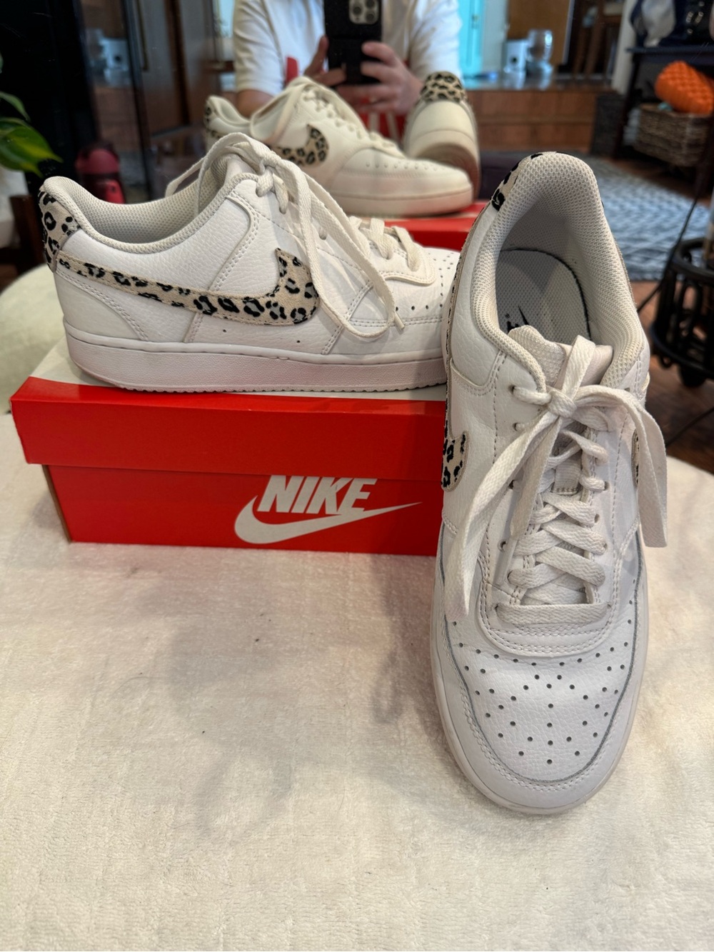 Nike Women’s White Low-Top Sneakers with Leopard Swoosh Accent